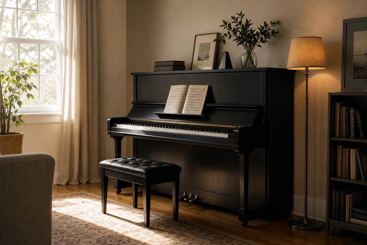 Piano studio room with lamp and sheet music