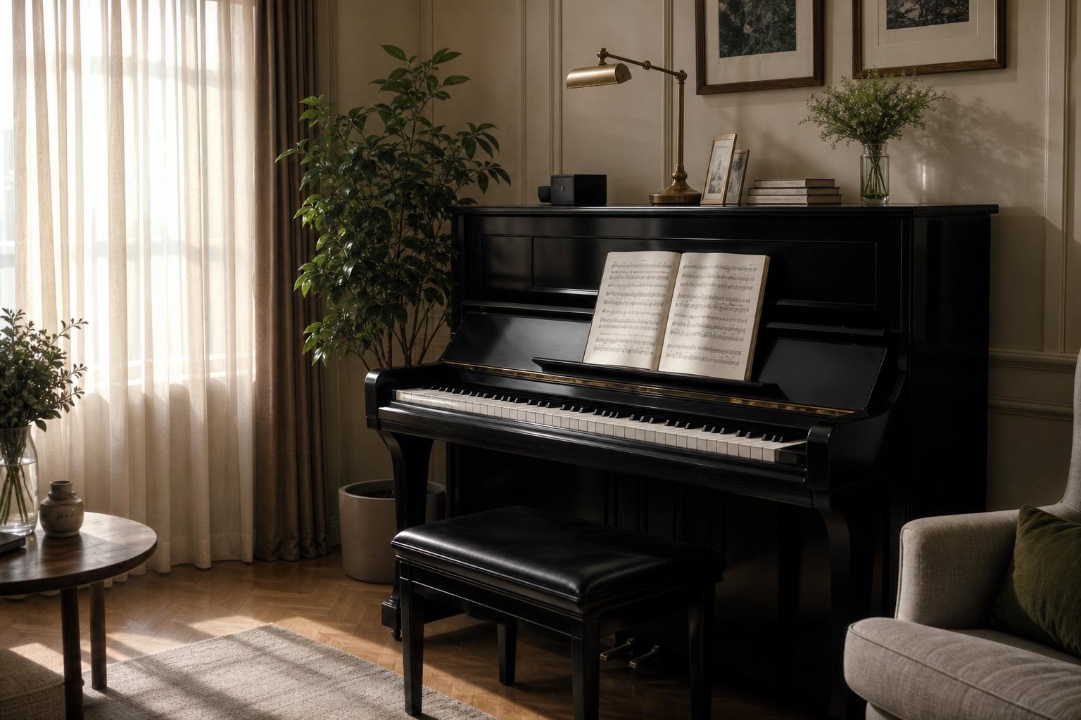 Upright piano with sheet music in a bright studio