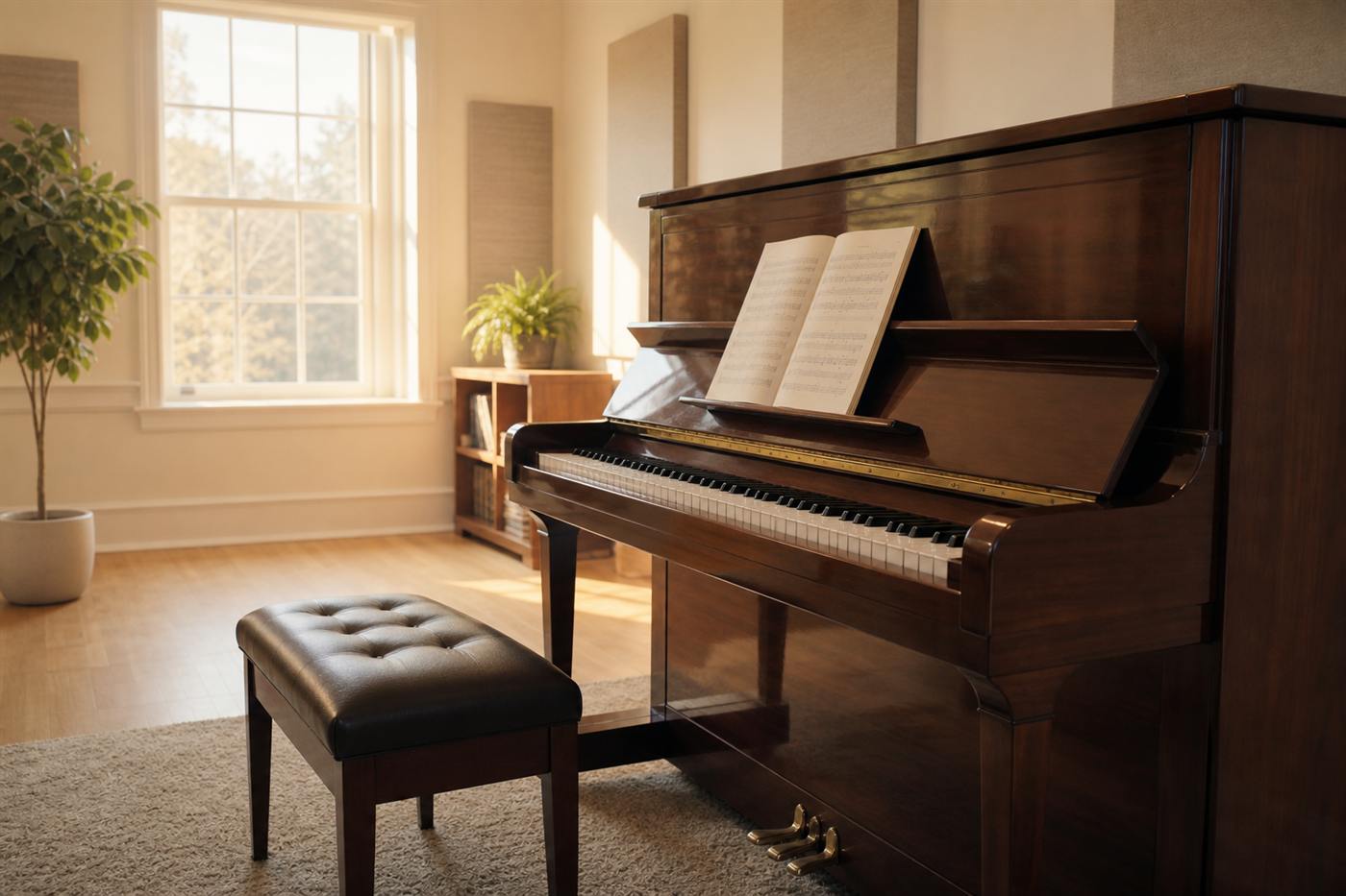 Black upright piano with books in a calm room